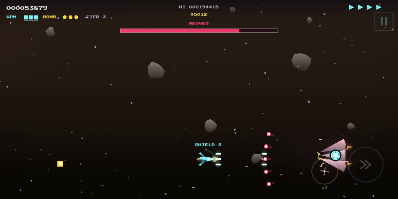 STAR DEFENDER gameplay: a cyan fighter facing a boss above an asteroid belt